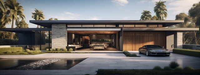A sleek Ranch exterior seamlessly blending into a modern living room interior, with clean lines, minimalist decor, and pops of vibrant color, all depicted with realism in a stunning 3D visualization. - obrazy, fototapety, plakaty