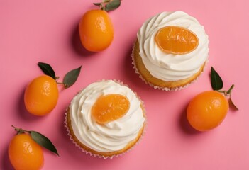 Muffins with milk cream and kumquat on a pink background. Food pattern