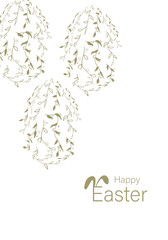 Vector illustration. Festive Easter background with copy space for text. Vertical postcard template with a silhouette Easter eggs, Easter rabbit, Easter decor, floral print.
