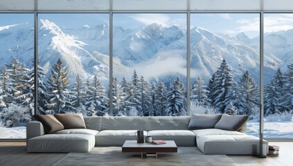Large window with snowy mountain view, living room interior design in winter, sofa and coffee table in front of glass wall