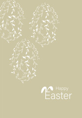 Vector illustration. Festive Easter background with copy space for text. Vertical postcard template with a silhouette Easter eggs, Easter rabbit, Easter decor, floral print.
