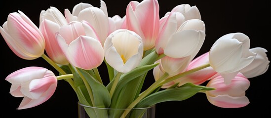A stunning arrangement of pink and white tulips in a vase, contrasting beautifully against a black background. The perfect centerpiece for any event or as a decoration in your home