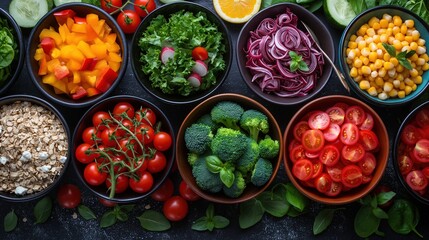 salad bar top view, healthy fresh organic farm produce ingredient, vegetable and fruit, Generative Ai - obrazy, fototapety, plakaty
