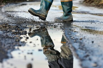 worker in rubber boots walking past a puddle - obrazy, fototapety, plakaty