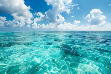 The water surface of the ocean, transparent waves stretching into the distance, white clouds in the blue sky.