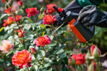 worker applying organic pest control spray to rose foliage - obrazy, fototapety, plakaty