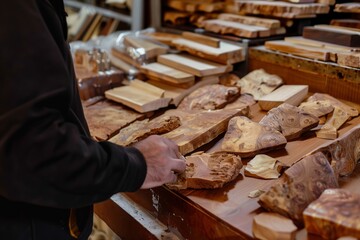 man selecting sandalwood pieces at a luxury wood store - 769861956