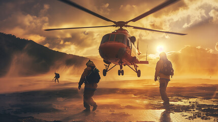  A helicopter landing on the beach with two search and rescue team members walking towards it, golden hour lighting, photo realistic, cinematic