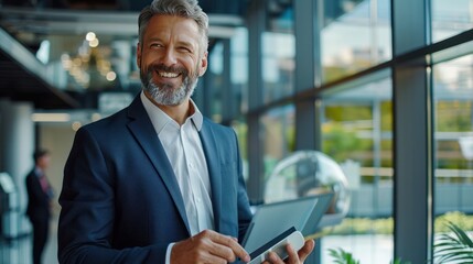 Fototapeta premium Happy middle aged businessman standing using digital tablet in office