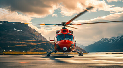 Photo of a red helicopter landing on the tarmac in Iceland, mountains and sky background, daylight, soft light, high resolution photography, highly detailed, fine details, isolated plain, stock photo - obrazy, fototapety, plakaty