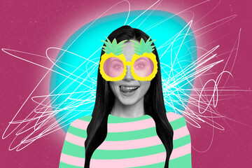 Creative photo collage young happy excited girl licking tongue topical fruit pineapple eyewear...