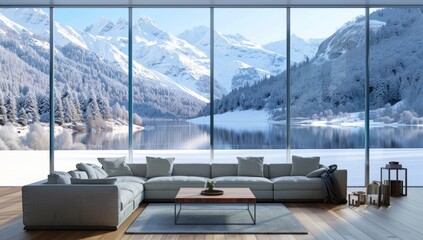 Large window with snowy mountain view, living room interior design in winter, sofa and coffee table...