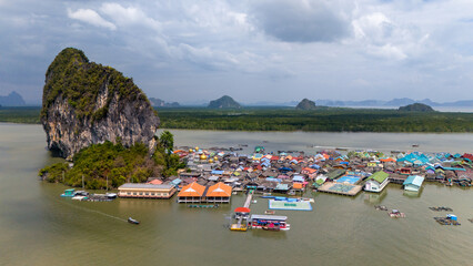 Drone Aerial View from Ko Panyi Floating Fishing Village in Thailand 
 - obrazy, fototapety, plakaty