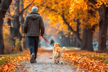 A man and his dog are walking down a path in the fall