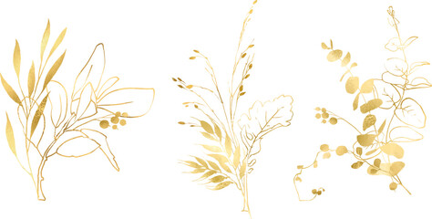 Linear vector gold  floral wreaths, Design for invitation. Gold frame. Botanical line art silhouette leaves. Vector Gold floral. Place for your text. Floral frame set. Hand painted linear illustration