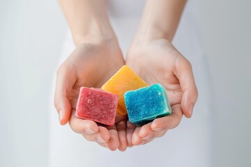 woman holding colorful shampoo bars on a white background - 769862785