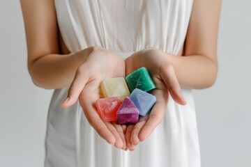 woman holding colorful shampoo bars on a white background - 769862797