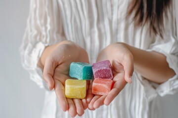 woman holding colorful shampoo bars on a white background - 769862799