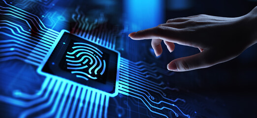 Fingerprint unlock cyber security data protection concept on virtual screen. - obrazy, fototapety, plakaty