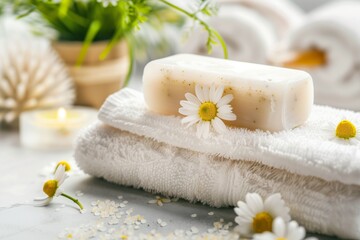 Obraz na płótnie Canvas solid shampoo bar with chamomile flowers on a spa setting