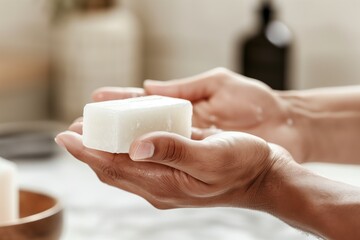 closeup of a hand passing a solid shampoo bar to another - 769863141