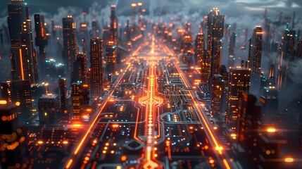 A captivating aerial view of a futuristic city at night. The city sprawls beneath a dark blue sky, illuminated by a dazzling network of colorful lights. Towering skyscrapers pierce the darkness. - obrazy, fototapety, plakaty