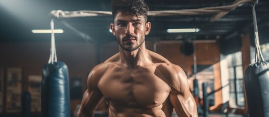 A bodybuilder with toned muscles and a strong jaw is standing in a gym next to a boxing bag, showcasing his chest and thighs. His physical fitness is evident in his impressive physique - obrazy, fototapety, plakaty
