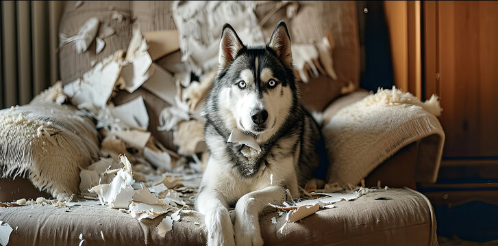 husky dog chewed and destroyed the sofa and sits on it, active harmful dog at home