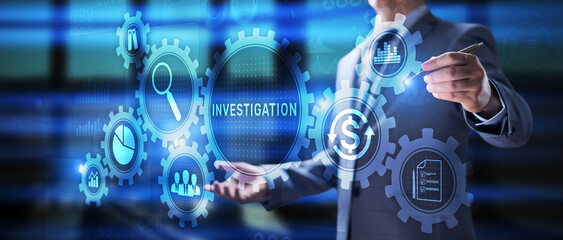 Investigation Business Finance Conept Button on virtual screen. - obrazy, fototapety, plakaty