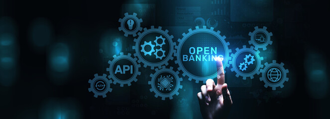 Open banking digital finance technology fintech concept on screen. - obrazy, fototapety, plakaty