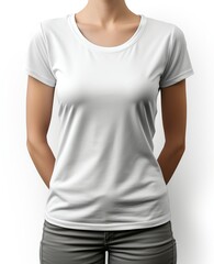 A woman is wearing a white shirt and holding her arms to the side - 769863516