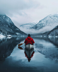 man in a boat in the mountains