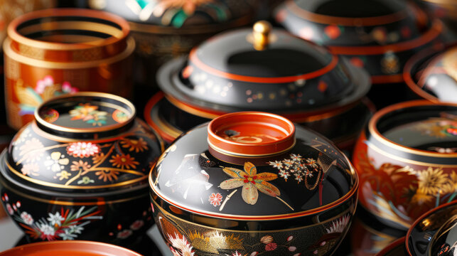 Focus on the striking colors and precise hand-painted floral designs on traditional Japanese lacquerware items