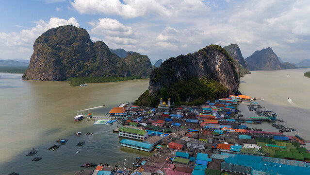 Drone Aerial View from Ko Panyi Floating Fishing Village in Thailand 
