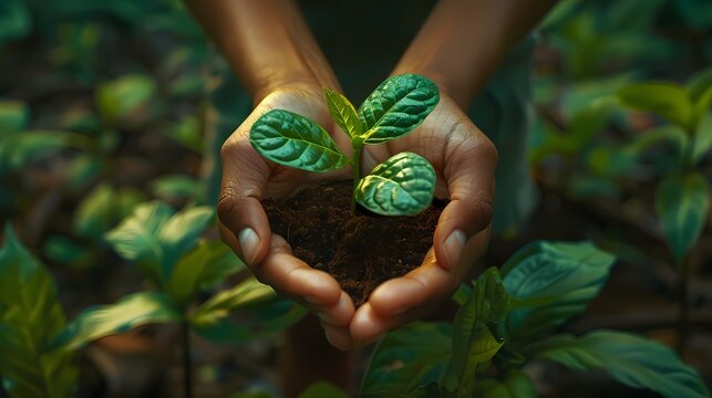 A person holding a small potted plant. The plant has green leaves and appears to be a coffee plant.