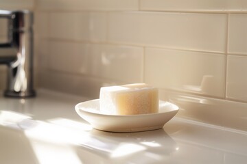 a solid shampoo bar next to a soap dish in a bright bathroom - 769863981