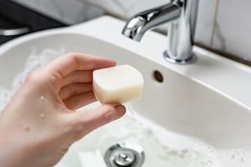 holding a solid shampoo bar over a sink about to be used - 769863982