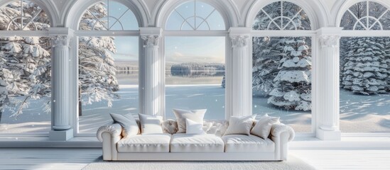 White sofa in a winter landscape with snowy trees and arched windows - obrazy, fototapety, plakaty