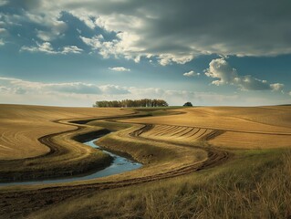 A meandering stream cuts through golden harvested fields under a dramatic cloudy sky.