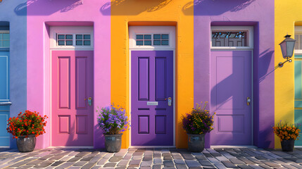 A row of brightly colored front doors adds a pop of color to a brick sidewalk lined with flowers.