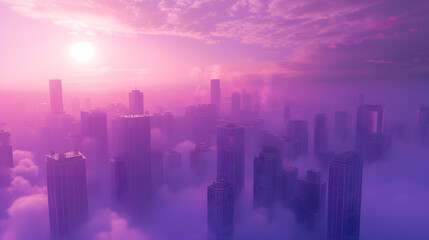 Fototapeta na wymiar A futuristic city with curved buildings rises above a sea of clouds at sunset.