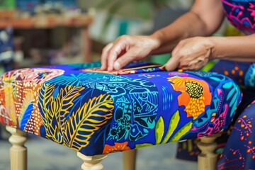 person upholstering a footstool with vibrant fabric - 769864387