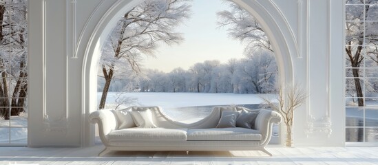 White sofa in a winter landscape with snowy trees and arched windows