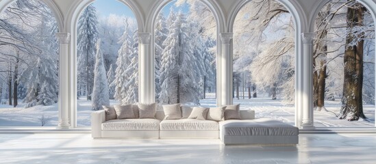 White sofa in a winter landscape with snowy trees and arched windows - obrazy, fototapety, plakaty