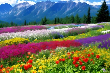 amazing spring flower garden and mountain landscape background - obrazy, fototapety, plakaty