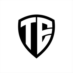 TE monogram logo with bold letters shield shape with black and white color design
