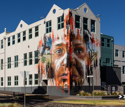 Warrnambool, Australia - February 13, 2024: South West TAFE is a public college of technical and further education. It features a mural called Ngatanwarr by artist Matt Adnate.
