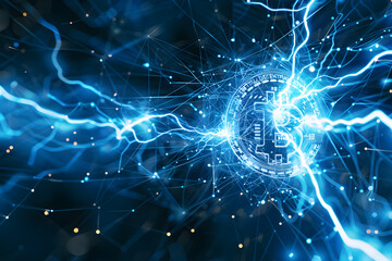 Representation of the digital lightning network of the bitcoin blockchain technology and it fast transaction - obrazy, fototapety, plakaty