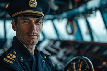 Captain in cargo ship control room, steering wheel in focus, ocean backdrop, authoritative pose - obrazy, fototapety, plakaty