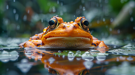A cute frog swims in the water and looks at the camera - obrazy, fototapety, plakaty